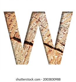 Wood Cut Font. The Letter W Cut Out Of Paper On The Background Of A Cut Of A Tree With Cracks And Shavings. Set Of Decorative Natural Alphabet Fonts.