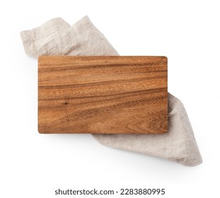 Wood cutting board on linen napkin isolated on white background, top view - Powered by Shutterstock