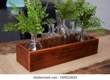 Wood Decorative Centerpiece With Flowers, Wood Planter For Table