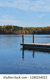Wood dock in Burke Lake in Virginia 