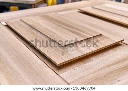 Wood door manufacturing process. Door leaf. Furniture manufacture.