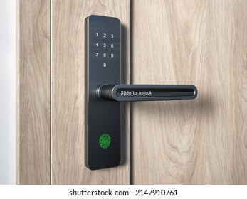 Wood door with smart lock, touch screen keypad and fingerprint, key less access - Shutterstock ID 2147910761