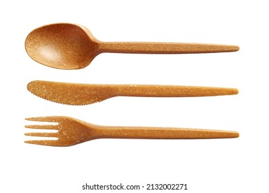 Wood Fibre Cutlery Isolated On White Background, Top View. Produced From Renewable Resources