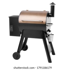 Wood Fired BBQ Grill Isolated On White. Portable Pellet BBQ Grillware. Major Outdoor Kitchen Appliances. Outdoor Cooking Station. Side Front Viev Black Charcoal Barbecue Grill. Outdoor Grill Table