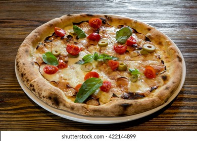 Wood Fired Oven Artisan Real Italian Pizza With Grilled Roasted Vegetable Cutlery Glass Wine Vine Top View Above