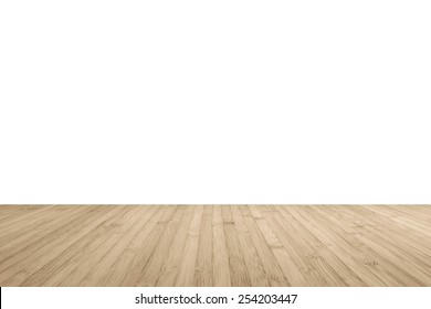 Wood Floor Perspective View With Wooden Texture In Light Brown Color Isolated On White Wall Background For Room Interior Design Decoration Backdrop