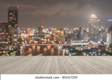 Wood Floor Terrace Or Wooden Table With Blur Background Rooftop Perspective View City Night Light Party Bokeh 