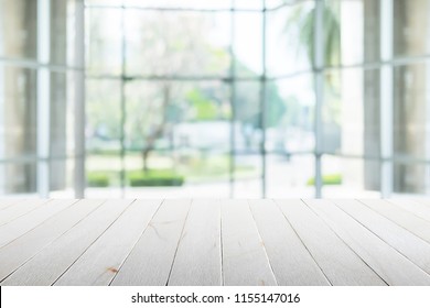 Wood Flooring With Glass Office. Atmosphere Around Office  Blur Background With Bokeh.