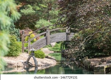 Wood Foot Bridge Over A Water Feature In Japanese Garden