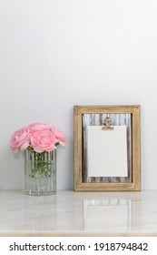 Wood Frame Clipboard With White Notecard Mockup With Pink Carnations On Marble Portrait Copy Space