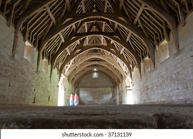 Wood frames inside an historical Tithe barn in Cotswolds England