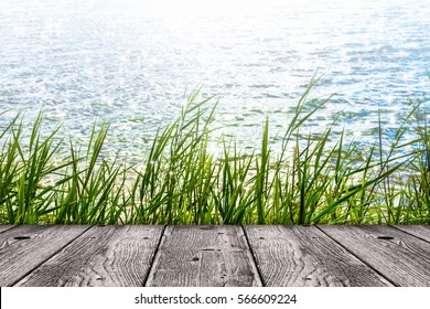 wood in front of grass at lakeside, sunlight on water surface in summertime, empty background with copy space on grey wooden gangplank, reed in the wind, idyllic   scene with advertising space     