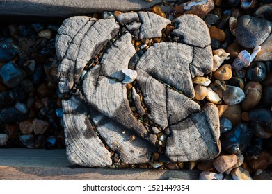 Wood Groin Plank And Many Different Coloured Stone Pebbles From Beach 