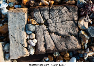 Wood groin plank and many different coloured stone pebbles from beach  - Shutterstock ID 1521449357