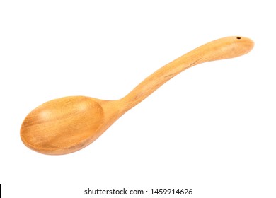 Wood Ladle Isolated On White Background. Curved Carving Wood Ladle Scoop Isolated