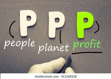Wood letters with hand writing 3P marketing definition for sustainable development concept