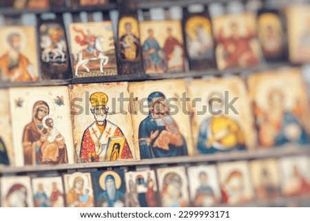 Wood made Orthodox religious painting icon. Selective Focus. 