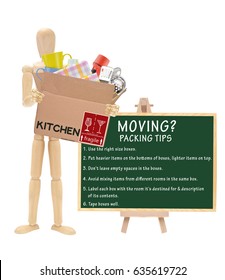 Wood Mannequin Moving Packing Tips ( Use Right Size, Label, Tape, Don't Mix Items, Leave Empty Space, Put Heavy Items On Bottom) Hand Dropping Keys Into Open Moving Box Labels Kitchen Fragile