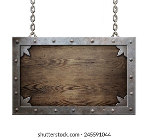 Wood Medieval Sign With Metal Frame Isolated