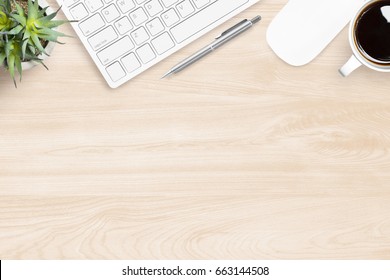 Wood Office Desk Table With Computer Gadgets And Supplies. Top View, Flat Lay.