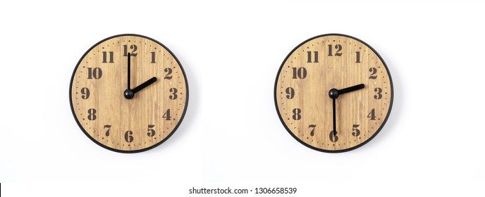 Wood Office Wall Clock With White Dial On White Background. Wall Clock On White Background, Top View.