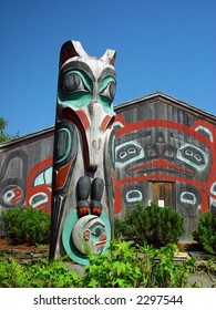 Wood Painted Alaskan Totem Pole On Saxman Native Village, Ketchikan, Alaska.