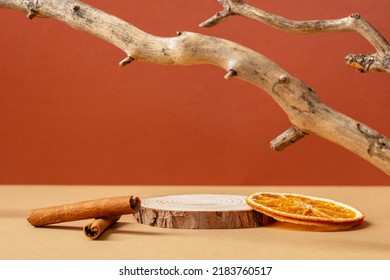 Wood Pedestal Podium With Tree Branch, Cinnamon Sticks, Dry Orange. Autumn Fall Cosmetic Product Presentation.