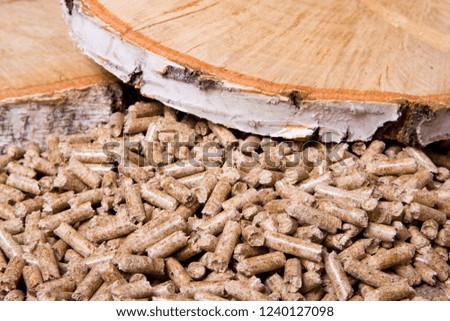 Wood pellets and birch close up .Wooden pallet biofuel. Biomass Pellets-cheap energy. The cat litter.