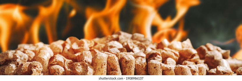 Wood Pellets For Heating Industrial Boiler Houses With Bio Fuel In Fire. Composite Mixed Media Image Of Woody Biomass Close-up Against The Background Of Blazing Flames. Modern Energy Concept