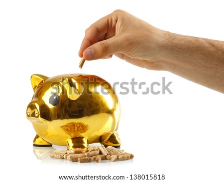 Wood pellets with piggy bank on white background