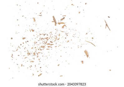 Wood pieces, curls and dust, crushed tree bark isolated on white background, organic texture, top view