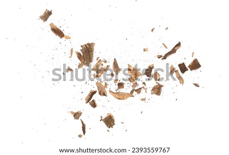 Wood pieces and dust, crushed tree bark isolated on white background, organic texture, top view