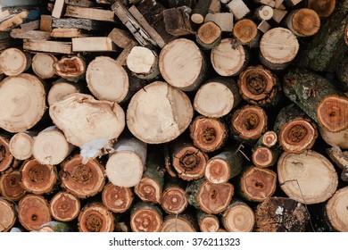 Wood Pieces, Tree Chops Stored Outdoors For Fireplace Or Mantel, Texture Or Background.