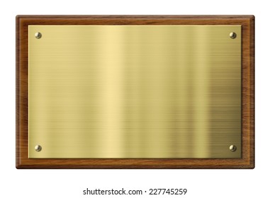 Wood Plaque With Brass Or Gold Metal Plate Isolated With Clipping Path Included