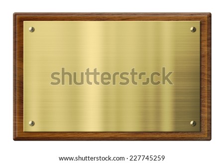 wood plaque with brass or gold metal plate isolated with clipping path included