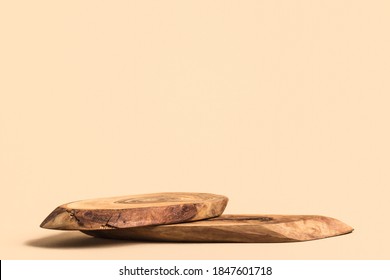 Wood Podium On Beige Background For Cosmetic Product Mockup.