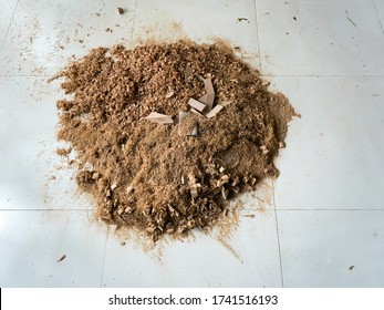 Wood Sawdust On White Tile Floor Background. Wooden Waste Saw Dust.