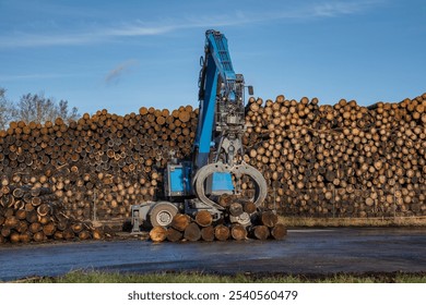 Wood sawmill, machinery for processing wood. Processing plant. A worker operating loader, modern wood processing factory, load cut logs. - Powered by Shutterstock