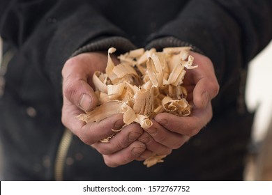 Wood shavings carpenter working with an old spokeshave. Blurry background. Vintage woodworking, handwork, handmade. Beautiful carving material