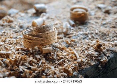 Wood shavings close-up against the background of other shavings and sawdust. - Powered by Shutterstock