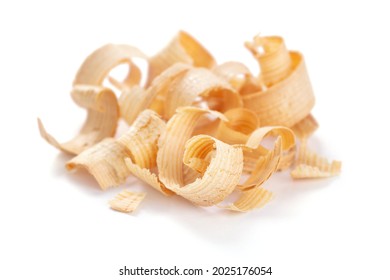 Wood Shavings Isolated On White Background. Wooden Shaving At White