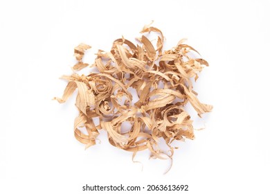 Wood Shavings Isolated On White Background. Wooden Shaving From Old Plank Board Texture