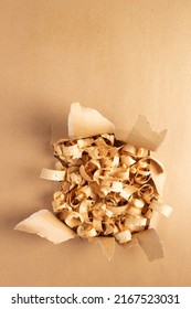 Wood shavings on torn paper background. Wooden shaving at cardboard texture