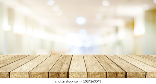 Wood Shelf Background, Perspective Wooden Table, Counter Over Blurred Store With Bokeh Background, Store Shop Product Display Montage Template, Banner Poster Mockup