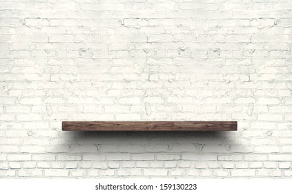 Wood Shelf On Brick Wall Texture Background.