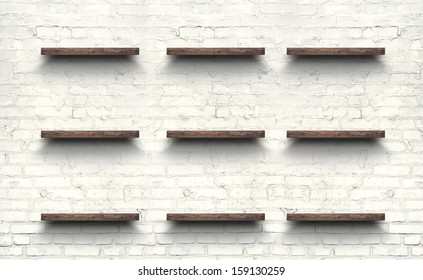 Wood Shelf On Brick Wall Texture Background.