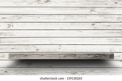 Wood Shelf On Wood Wall Texture Background.