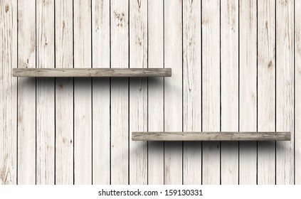 Wood Shelf On Wood Wall Texture Background.