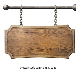 Wood Sign Hanging On Chain Isolated