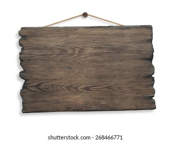 Wood Sign Hanging On Rope And Nail Isolated On White Background